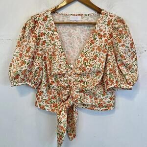 ISALIS cream orange floral short sleeve gathered crop top sz M